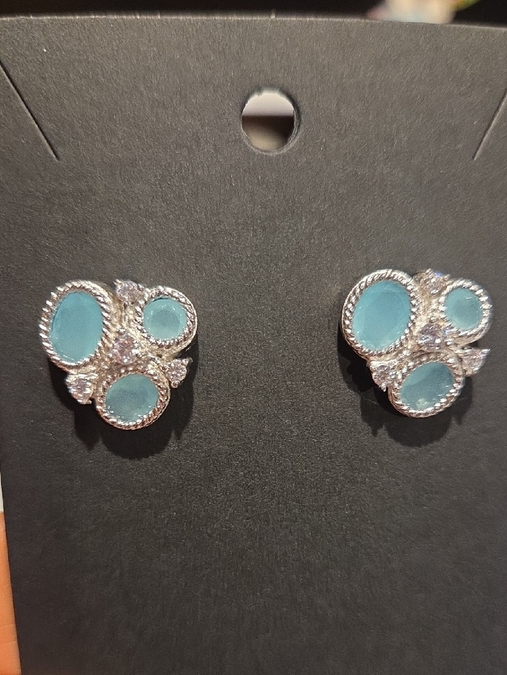 Sterling Silver Cluster Stud Earrings with Aqua Blue Stones